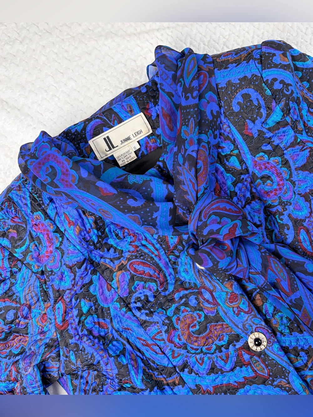 VTG Junnie Leigh 2 Pc Quilted Paisley Jacket/Sheer Scarf Set Blue Purple 80s Sz6